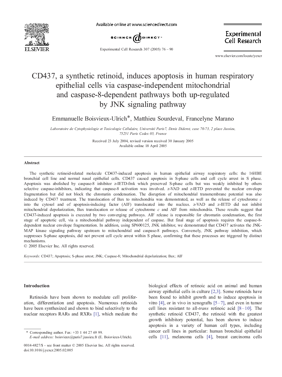 CD437, a synthetic retinoid, induces apoptosis in human respiratory epithelial cells via caspase-independent mitochondrial and caspase-8-dependent pathways both up-regulated by JNK signaling pathway