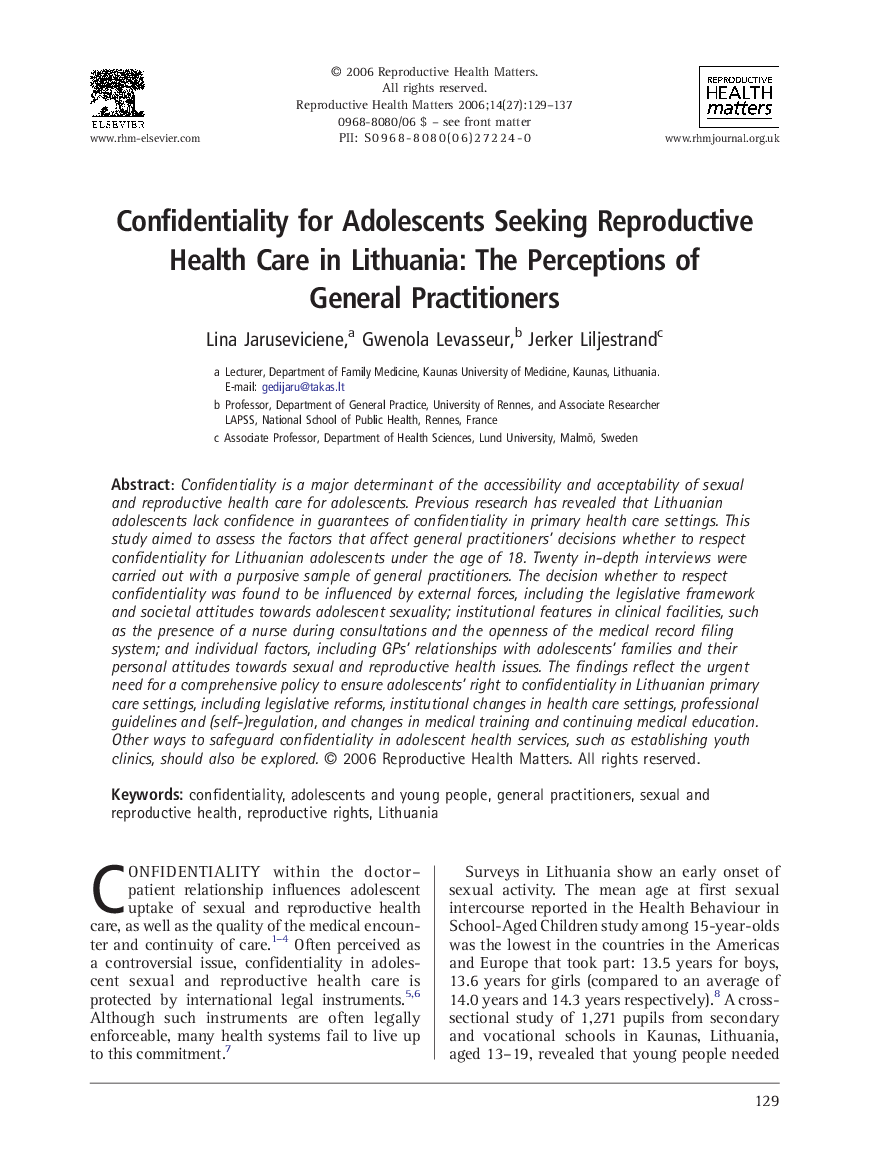 Confidentiality for Adolescents Seeking Reproductive Health Care in Lithuania: The Perceptions of General Practitioners