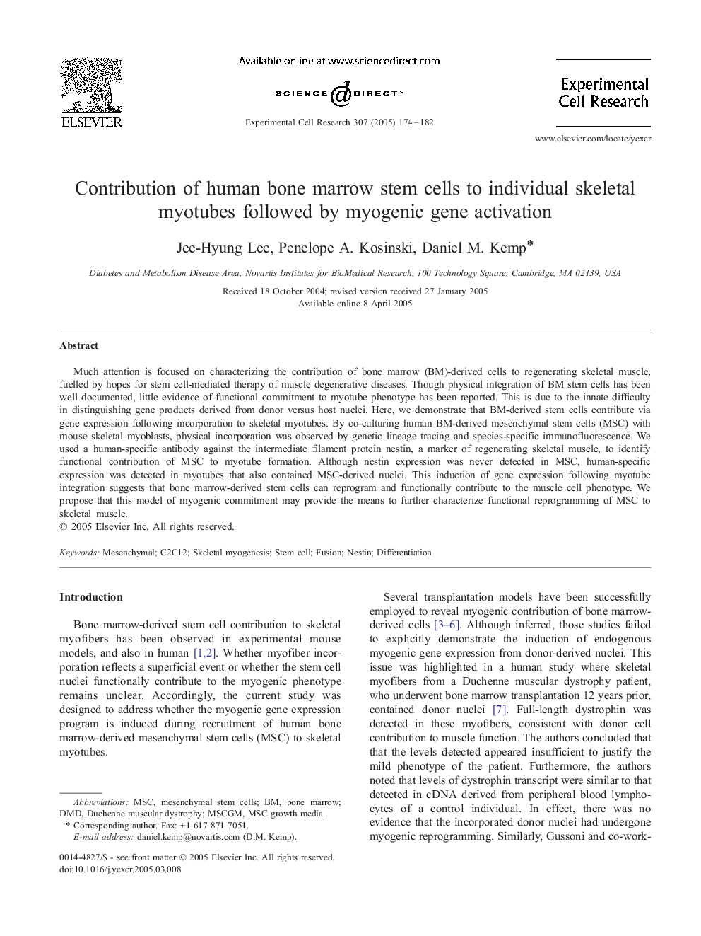 Contribution of human bone marrow stem cells to individual skeletal myotubes followed by myogenic gene activation