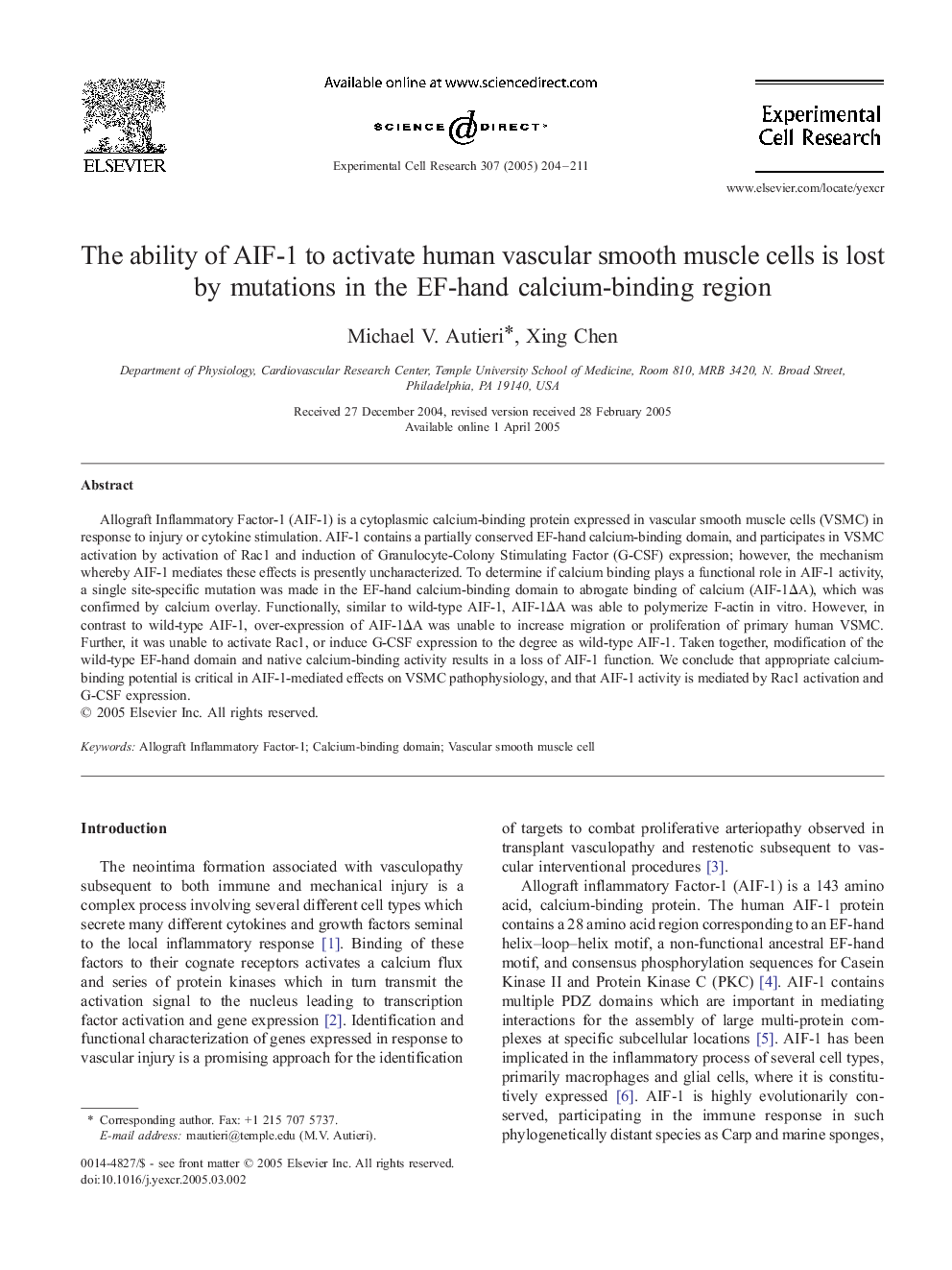 The ability of AIF-1 to activate human vascular smooth muscle cells is lost by mutations in the EF-hand calcium-binding region