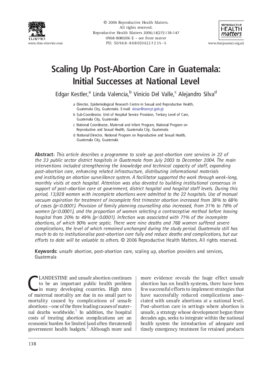 Scaling Up Post-Abortion Care in Guatemala: Initial Successes at National Level
