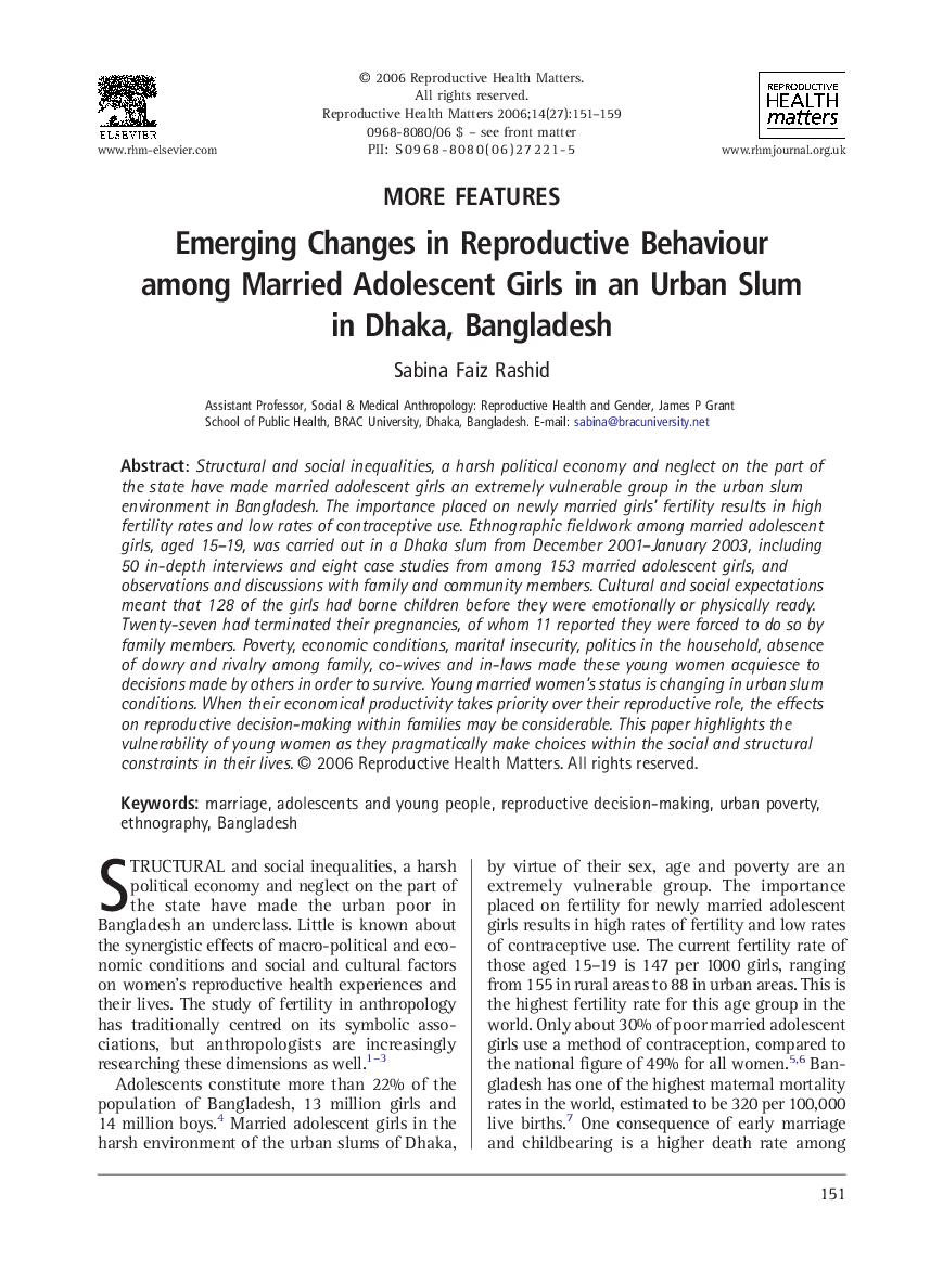 Emerging Changes in Reproductive Behaviour among Married Adolescent Girls in an Urban Slum in Dhaka, Bangladesh