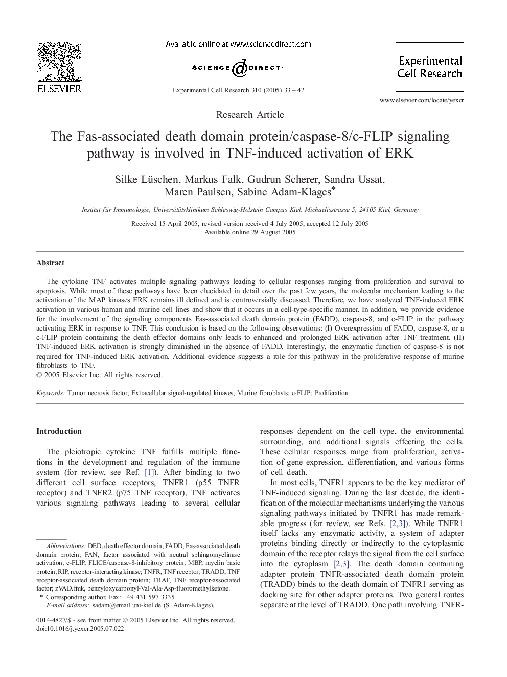 The Fas-associated death domain protein/caspase-8/c-FLIP signaling pathway is involved in TNF-induced activation of ERK