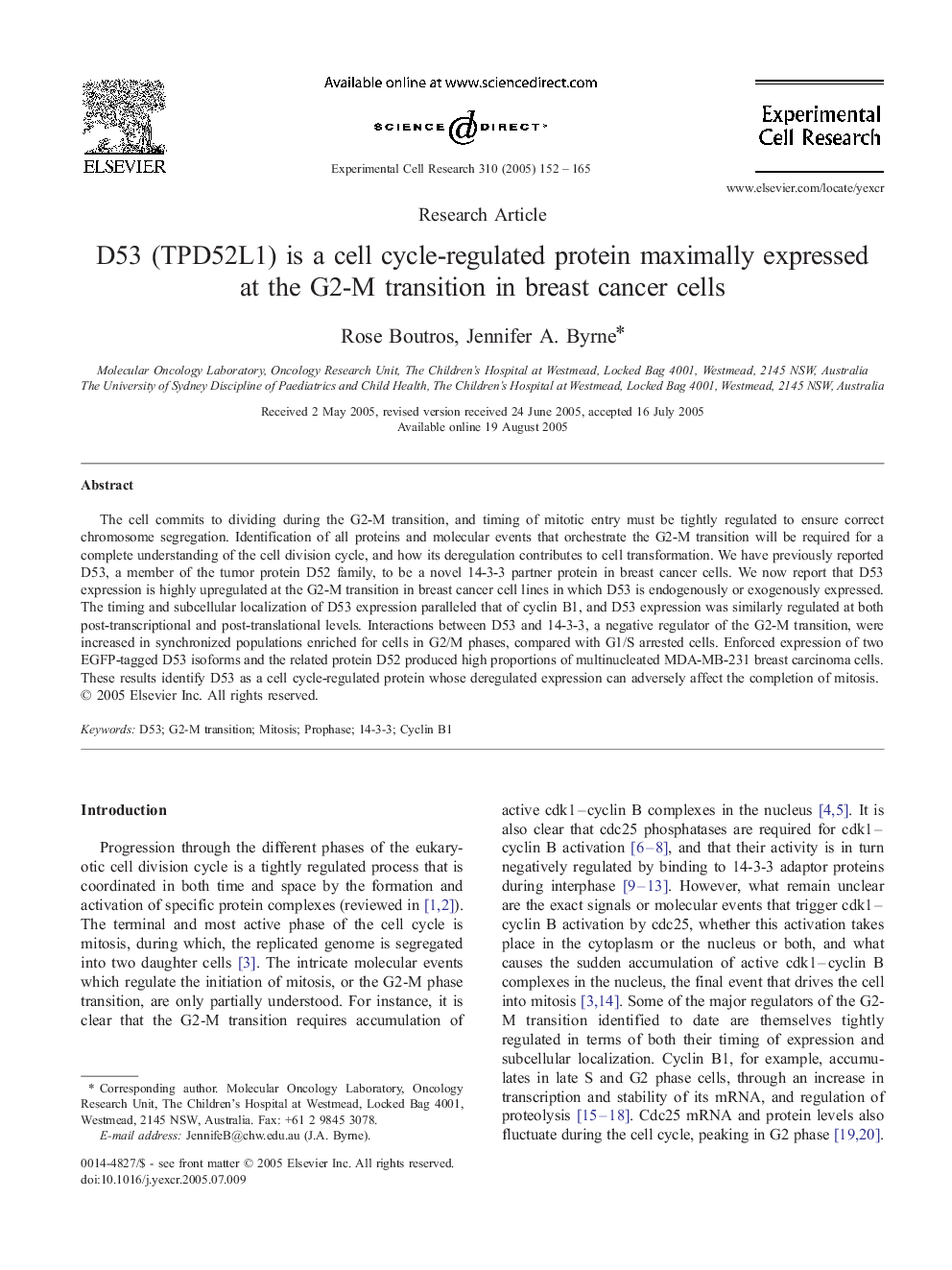 D53 (TPD52L1) is a cell cycle-regulated protein maximally expressed at the G2-M transition in breast cancer cells