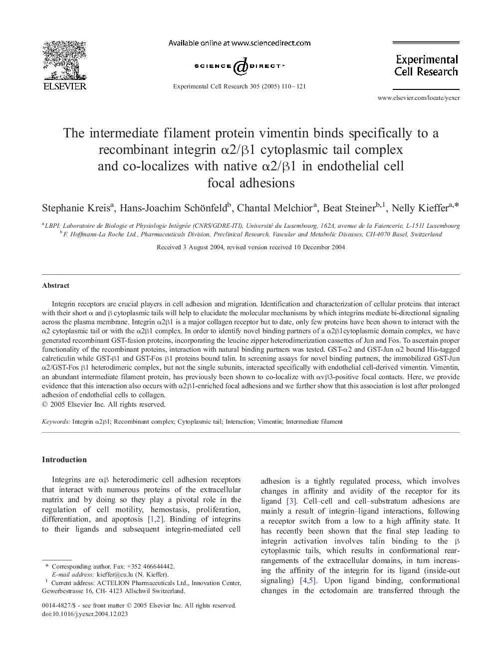 The intermediate filament protein vimentin binds specifically to a recombinant integrin Î±2/Î²1 cytoplasmic tail complex and co-localizes with native Î±2/Î²1 in endothelial cell focal adhesions