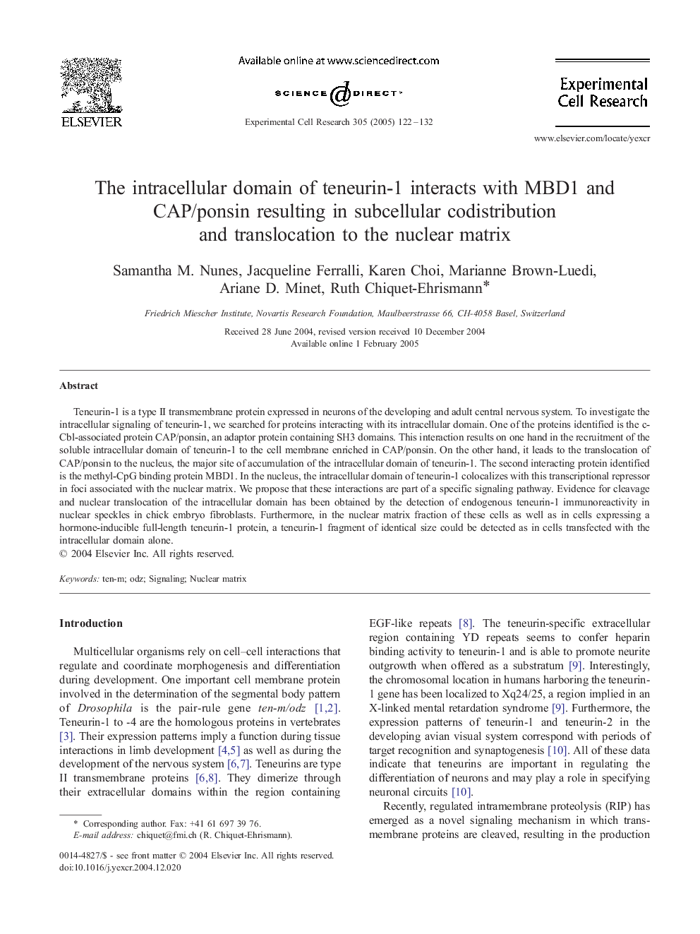 The intracellular domain of teneurin-1 interacts with MBD1 and CAP/ponsin resulting in subcellular codistribution and translocation to the nuclear matrix