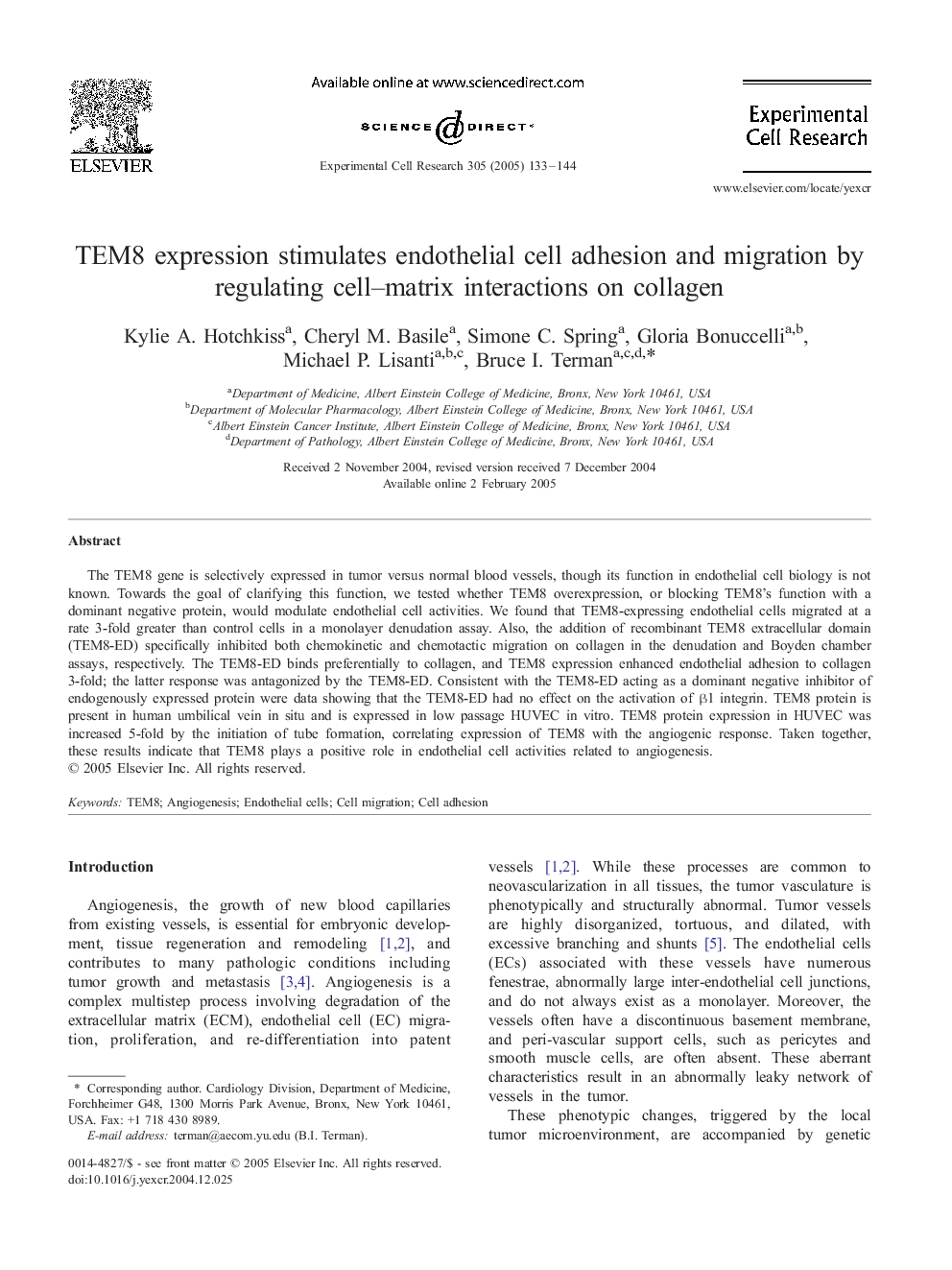 TEM8 expression stimulates endothelial cell adhesion and migration by regulating cell-matrix interactions on collagen