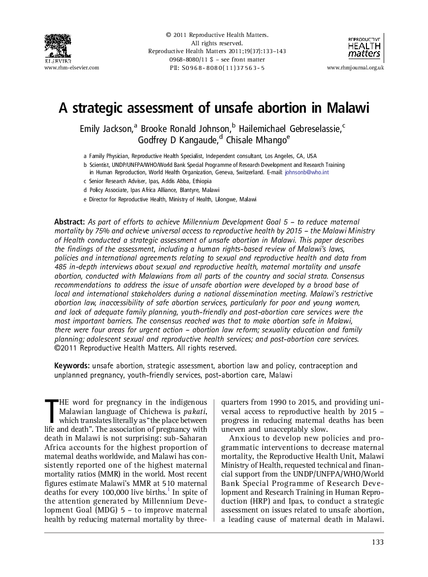 A strategic assessment of unsafe abortion in Malawi
