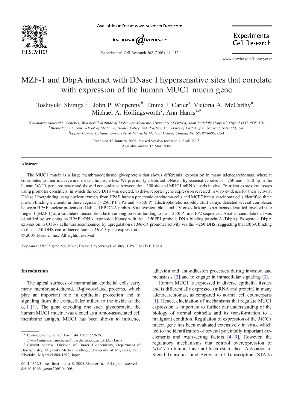 MZF-1 and DbpA interact with DNase I hypersensitive sites that correlate with expression of the human MUC1 mucin gene