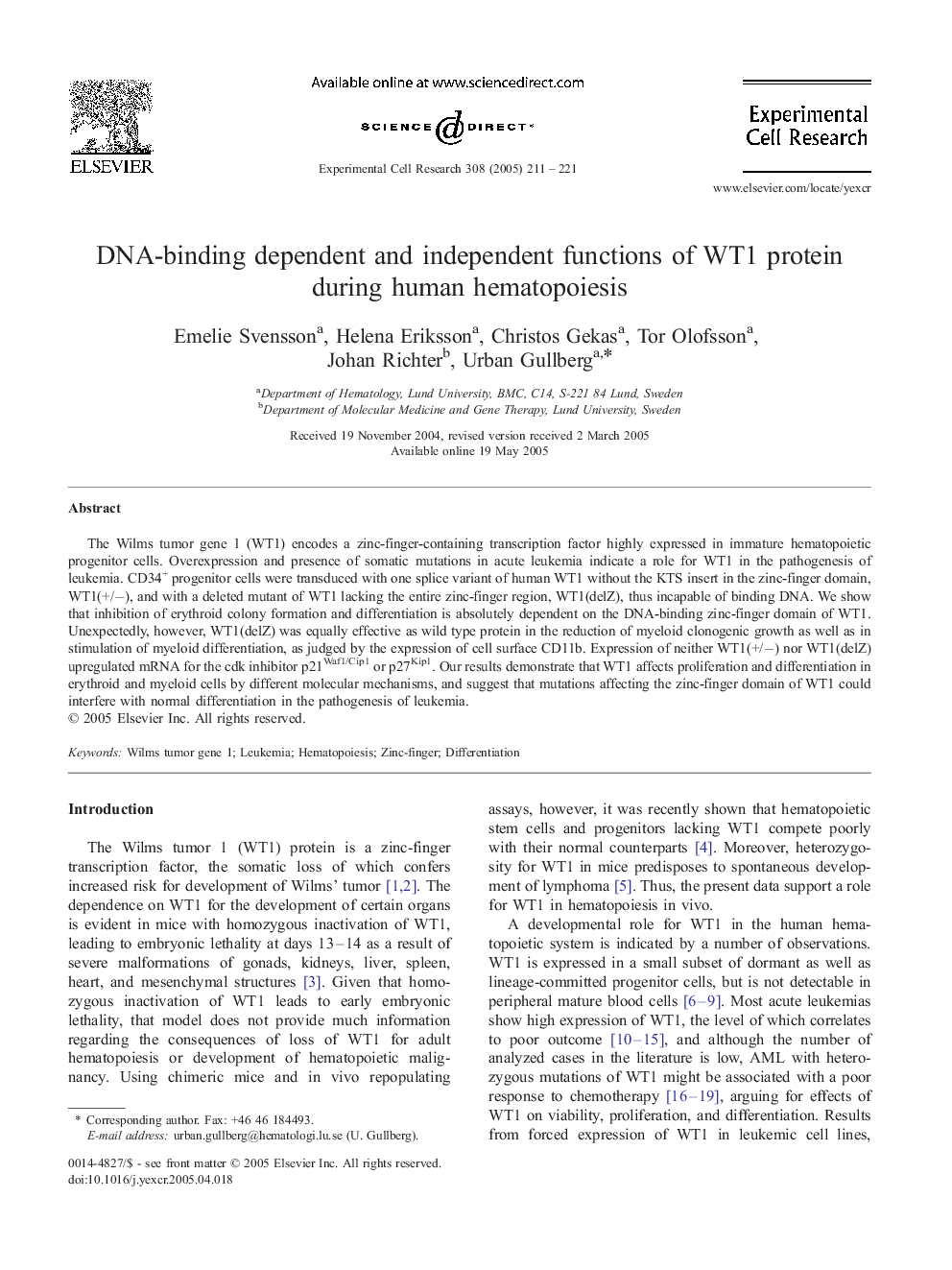 DNA-binding dependent and independent functions of WT1 protein during human hematopoiesis