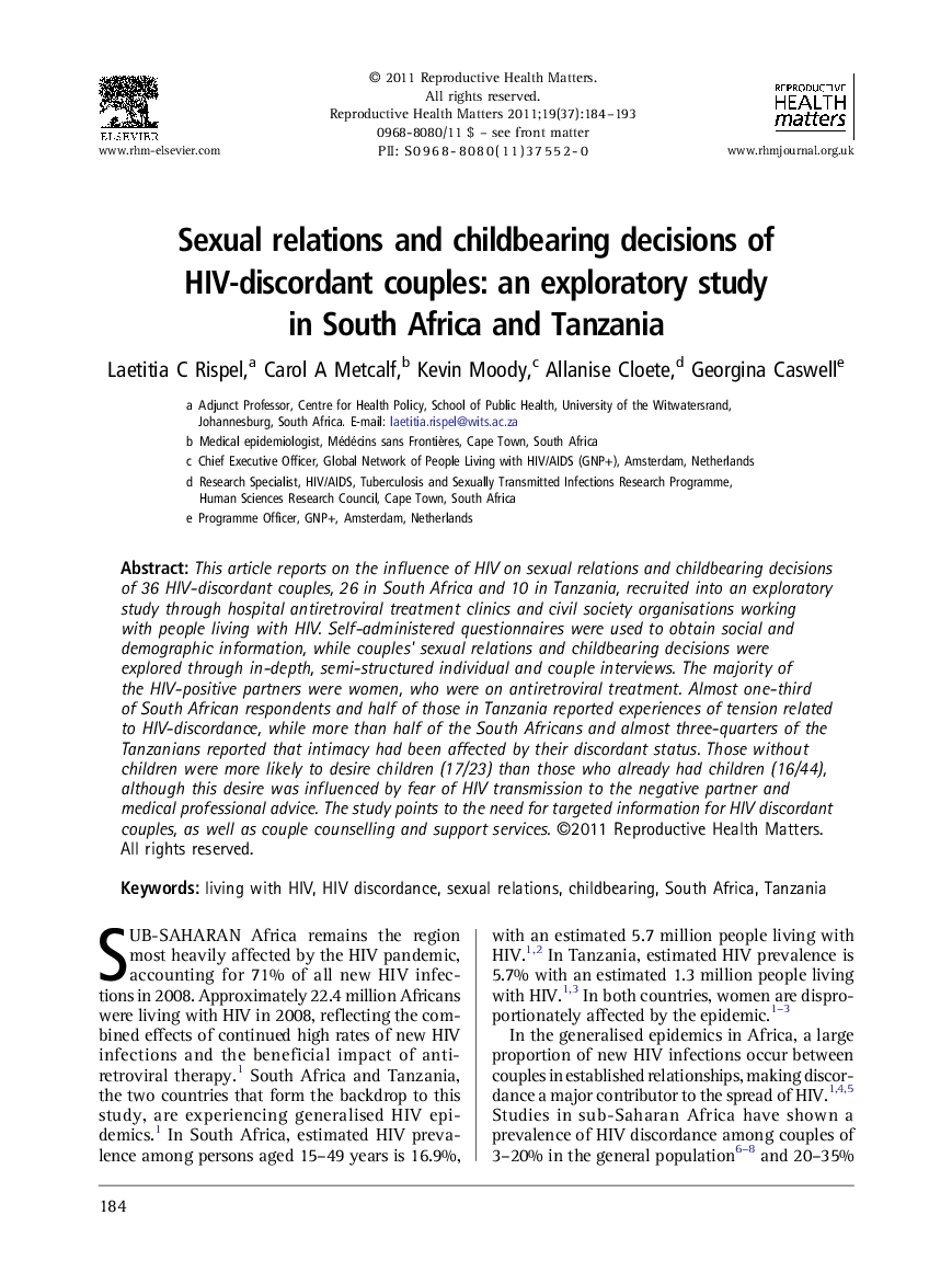 Sexual relations and childbearing decisions of HIV-discordant couples: an exploratory study in South Africa and Tanzania