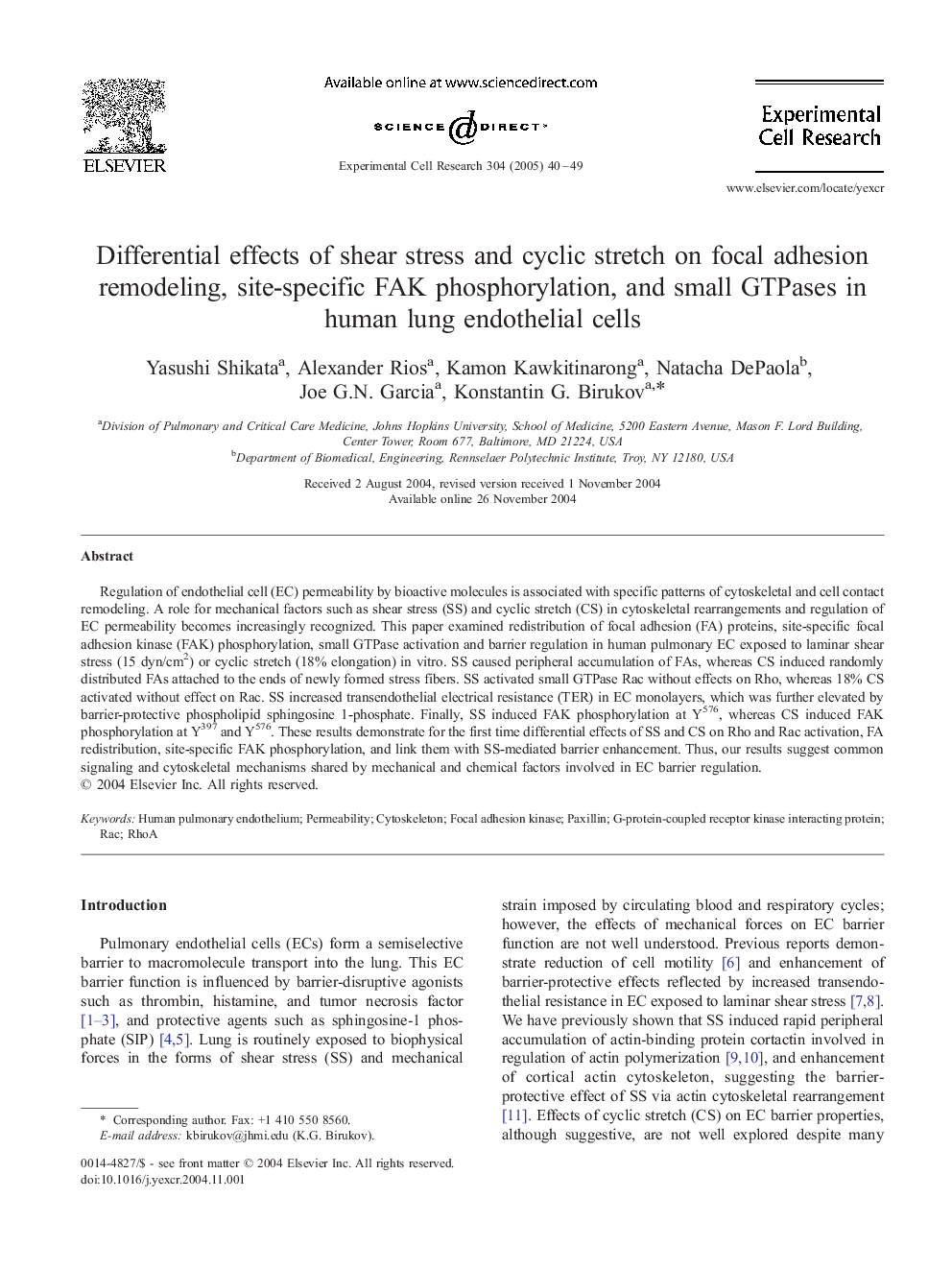 Differential effects of shear stress and cyclic stretch on focal adhesion remodeling, site-specific FAK phosphorylation, and small GTPases in human lung endothelial cells