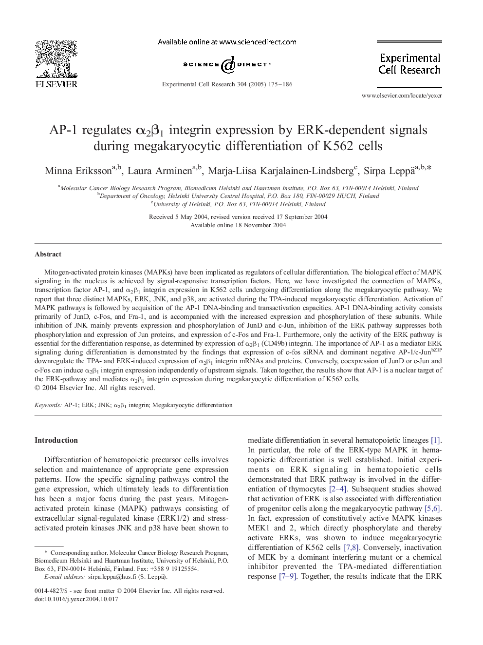 AP-1 regulates Î±2Î²1 integrin expression by ERK-dependent signals during megakaryocytic differentiation of K562 cells