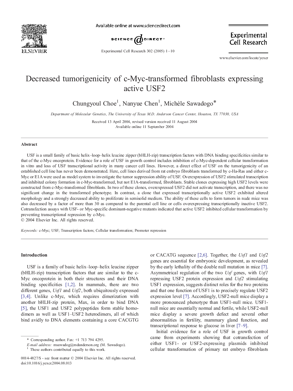 Decreased tumorigenicity of c-Myc-transformed fibroblasts expressing active USF2