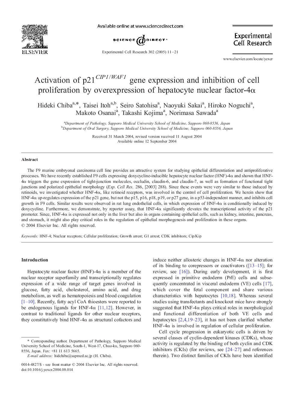 Activation of p21CIP1/WAF1 gene expression and inhibition of cell proliferation by overexpression of hepatocyte nuclear factor-4Î±