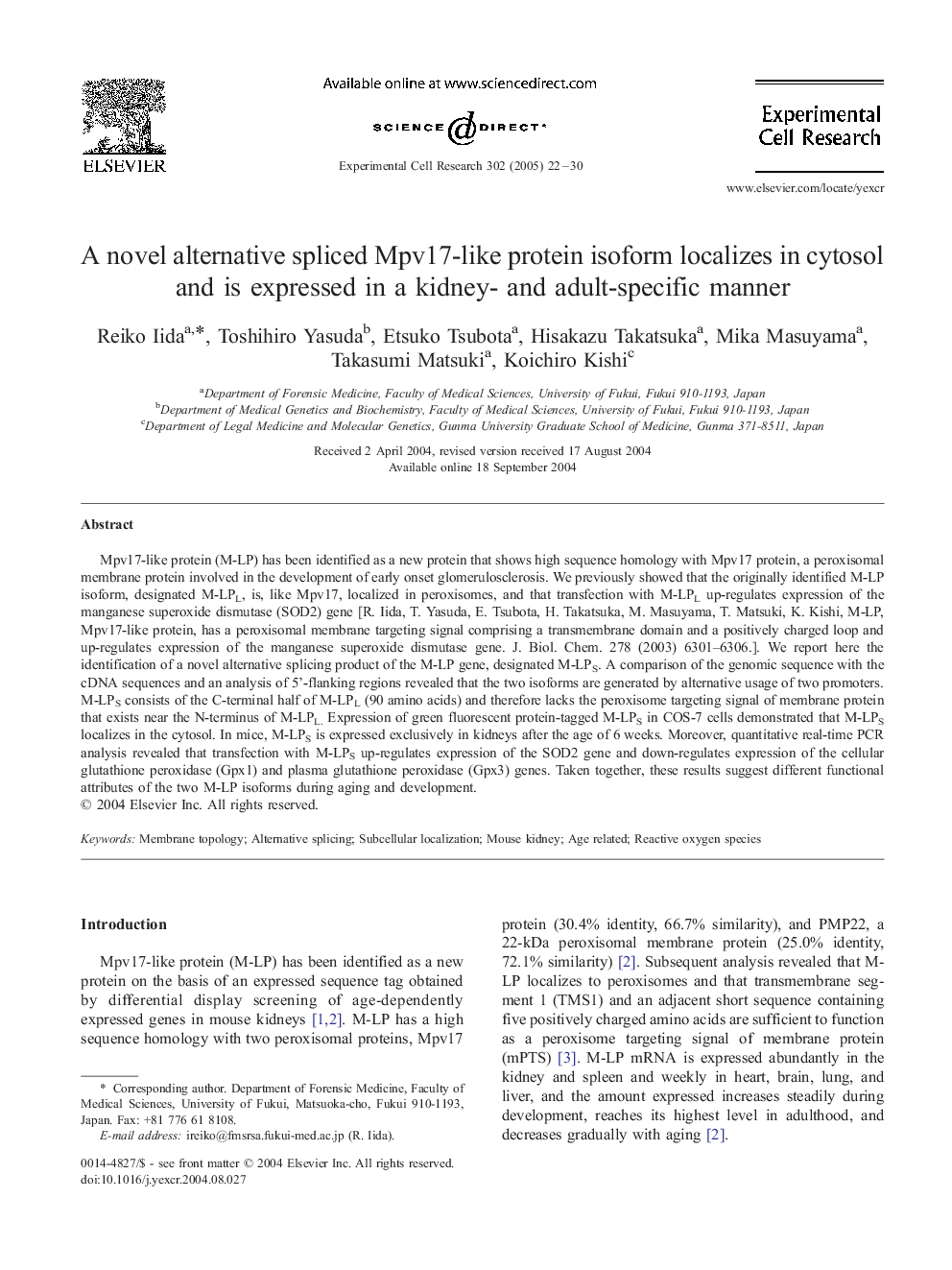 A novel alternative spliced Mpv17-like protein isoform localizes in cytosol and is expressed in a kidney- and adult-specific manner