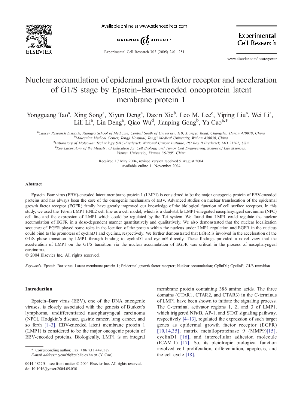 Nuclear accumulation of epidermal growth factor receptor and acceleration of G1/S stage by Epstein-Barr-encoded oncoprotein latent membrane protein 1