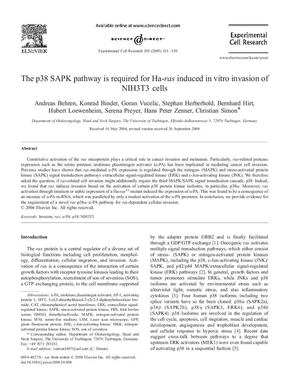 The p38 SAPK pathway is required for Ha-ras induced in vitro invasion of NIH3T3 cells