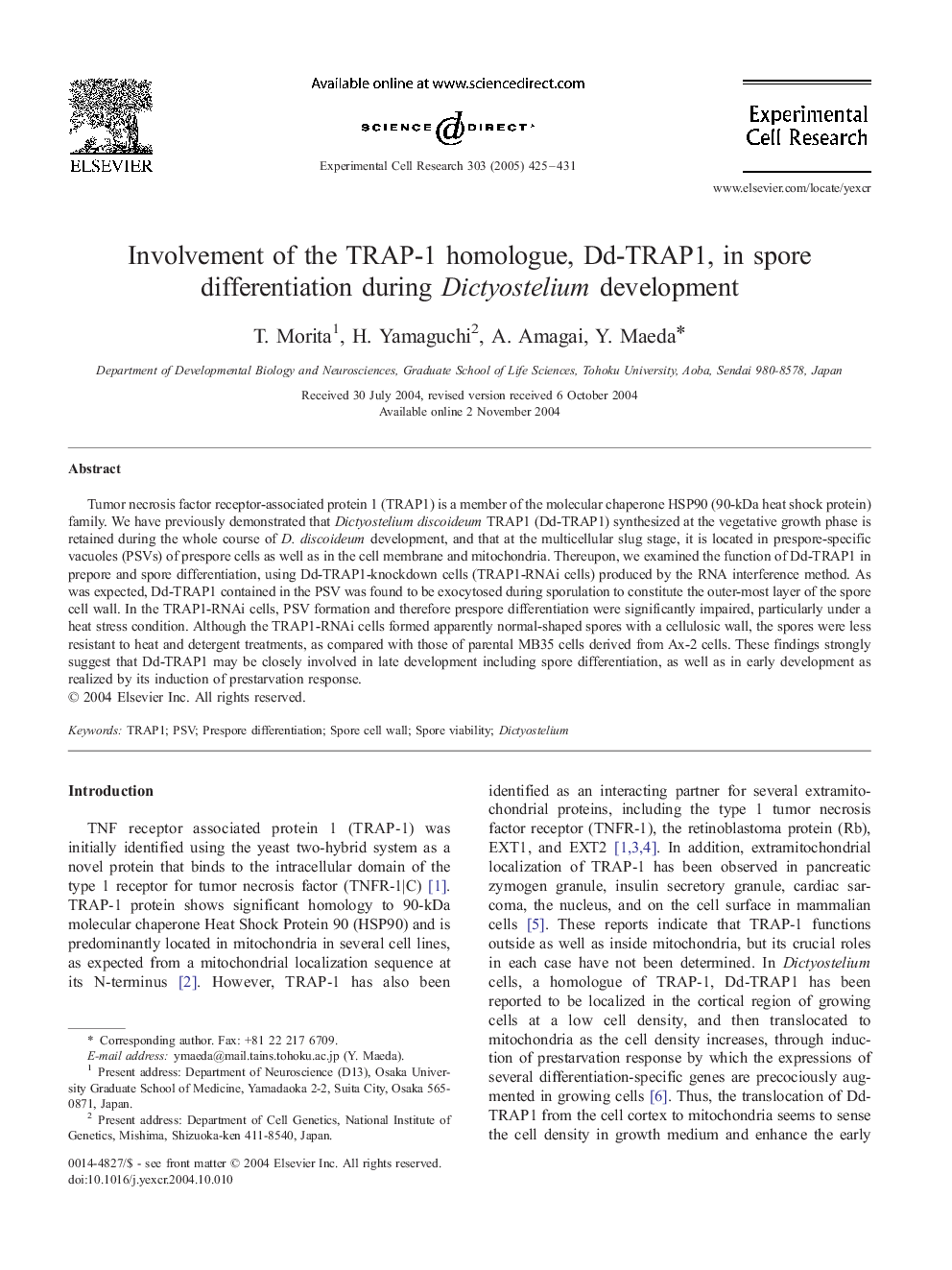 Involvement of the TRAP-1 homologue, Dd-TRAP1, in spore differentiation during Dictyostelium development