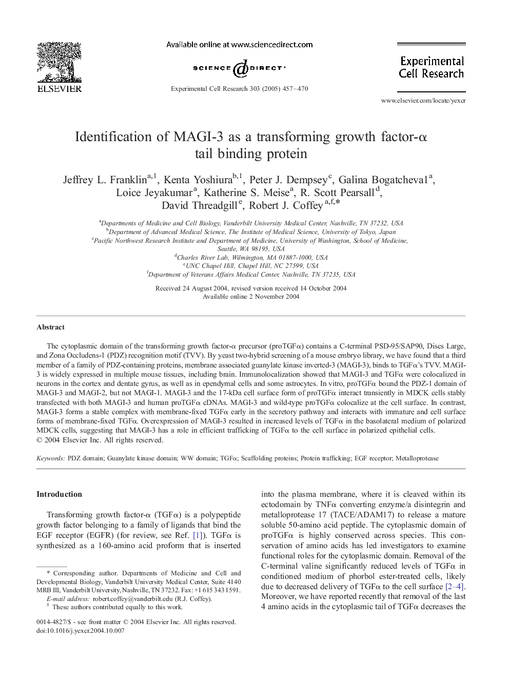 Identification of MAGI-3 as a transforming growth factor-Î± tail binding protein