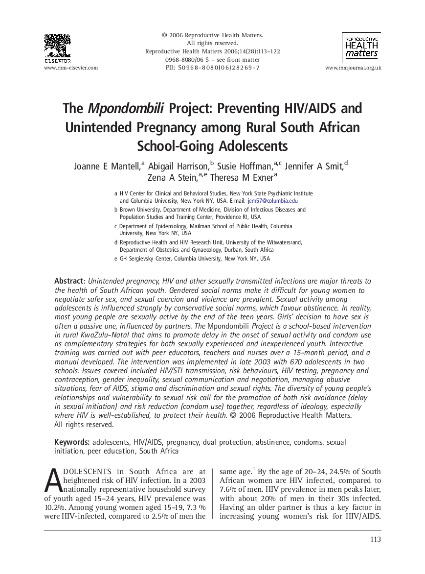 The Mpondombili Project: Preventing HIV/AIDS and Unintended Pregnancy among Rural South African School-Going Adolescents