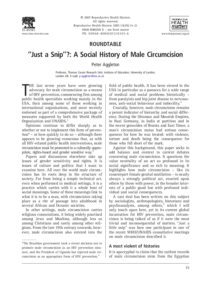 Roundtable: “Just a Snip”?: A Social History of Male Circumcision