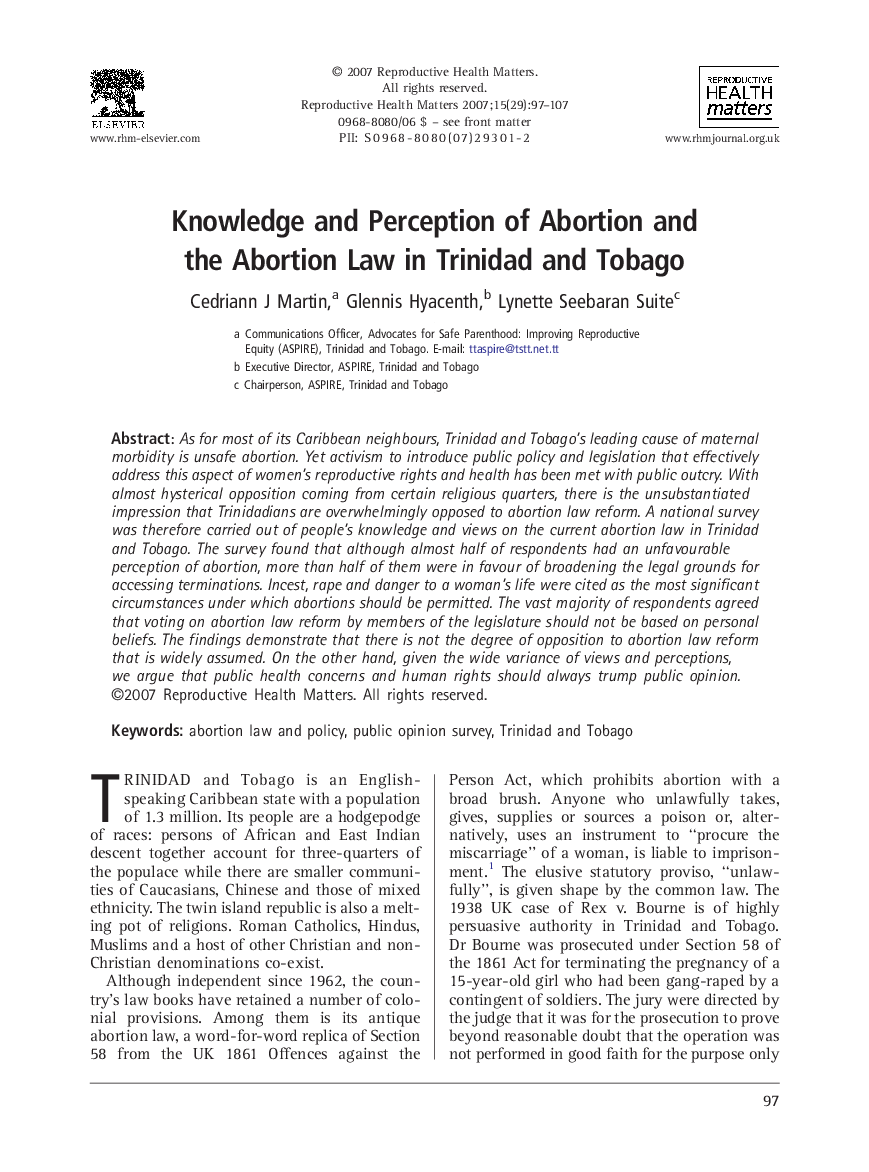 Knowledge and Perception of Abortion and the Abortion Law in Trinidad and Tobago