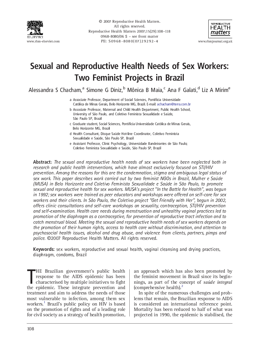 Sexual and Reproductive Health Needs of Sex Workers: Two Feminist Projects in Brazil