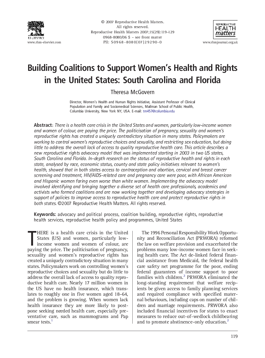 Building Coalitions to Support Women's Health and Rights in the United States: South Carolina and Florida