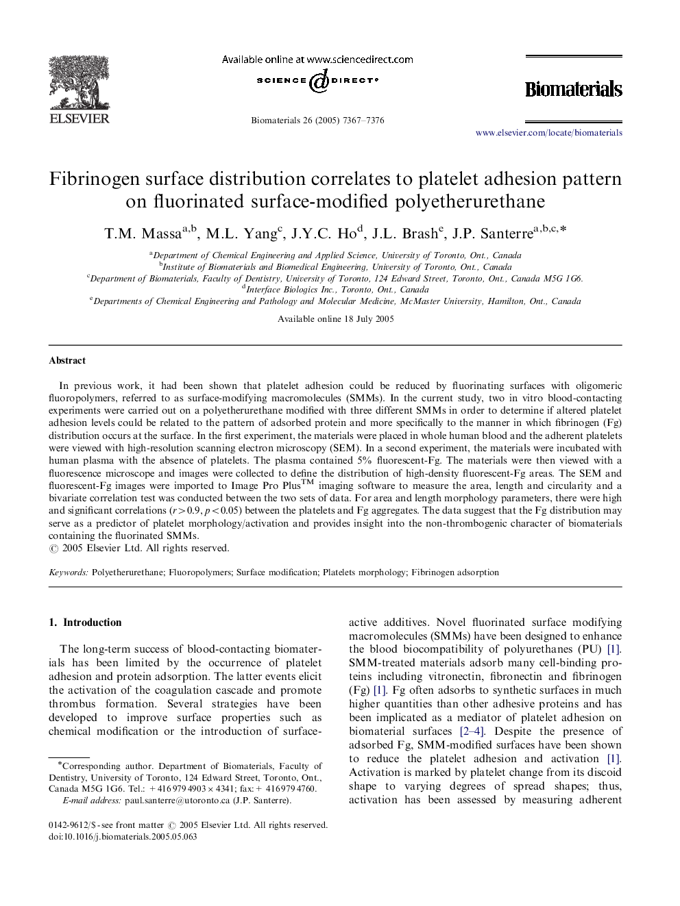 Fibrinogen surface distribution correlates to platelet adhesion pattern on fluorinated surface-modified polyetherurethane