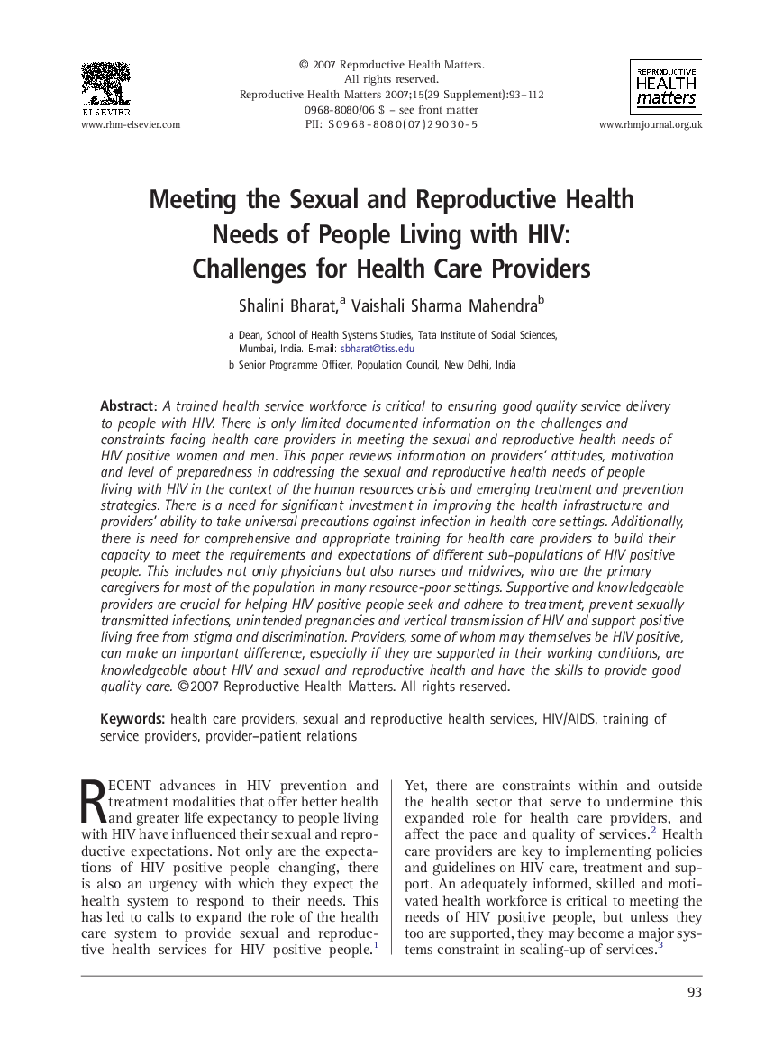 Meeting the Sexual and Reproductive Health Needs of People Living with HIV: Challenges for Health Care Providers