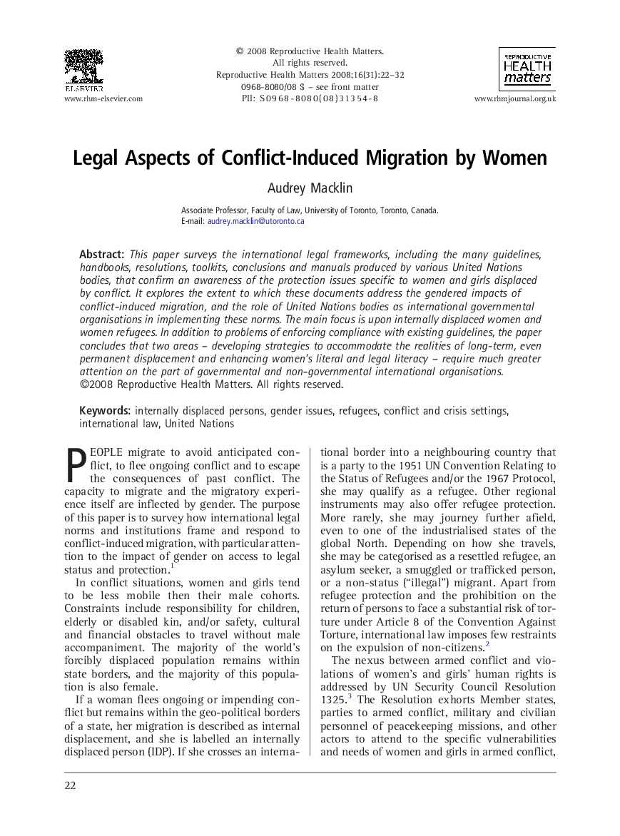 Legal Aspects of Conflict-Induced Migration by Women