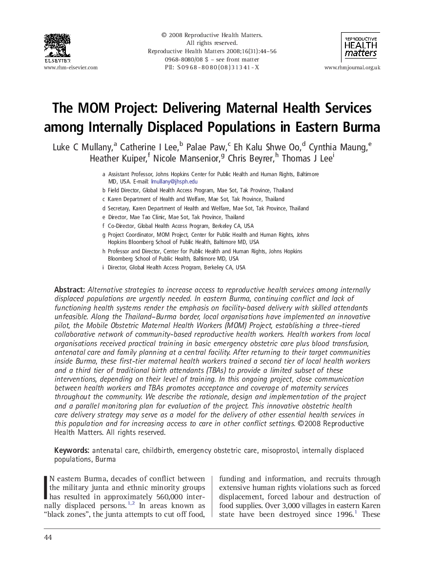 The MOM Project: Delivering Maternal Health Services among Internally Displaced Populations in Eastern Burma