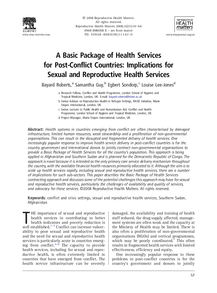 A Basic Package of Health Services for Post-Conflict Countries: Implications for Sexual and Reproductive Health Services