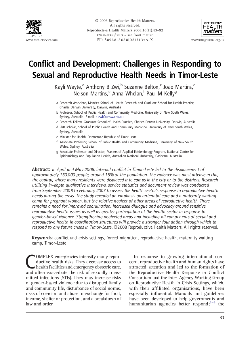 Conflict and Development: Challenges in Responding to Sexual and Reproductive Health Needs in Timor-Leste