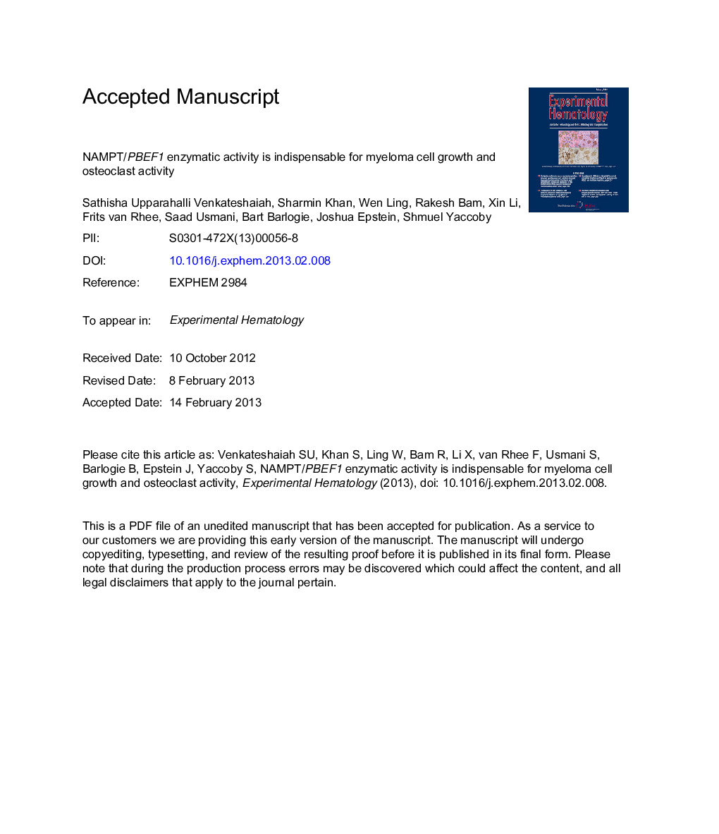 NAMPT/PBEF1 enzymatic activity is indispensable for myeloma cell growth and osteoclast activity