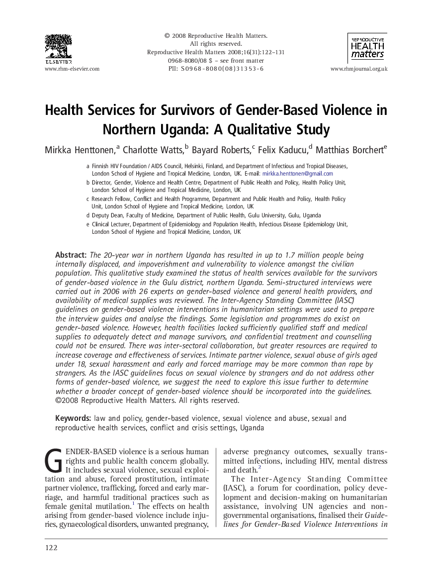 Health Services for Survivors of Gender-Based Violence in Northern Uganda: A Qualitative Study