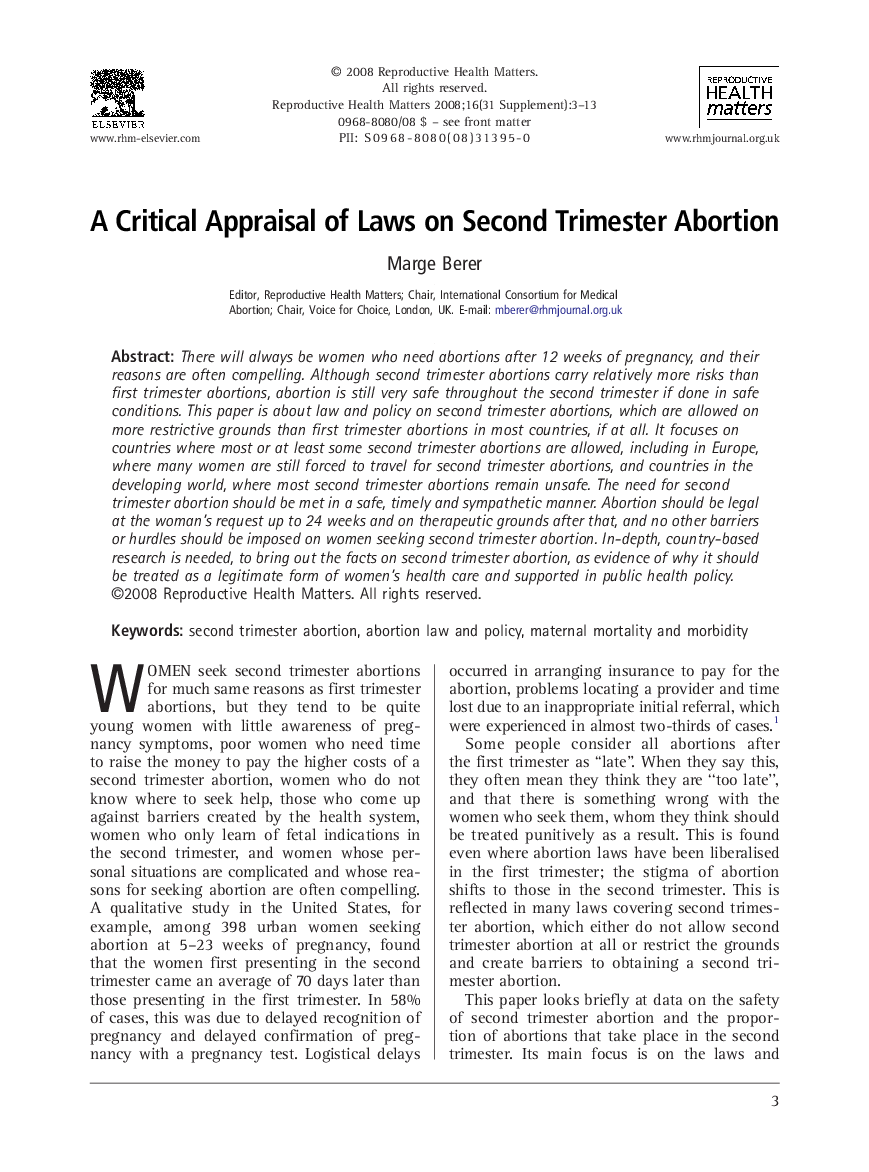 A Critical Appraisal of Laws on Second Trimester Abortion