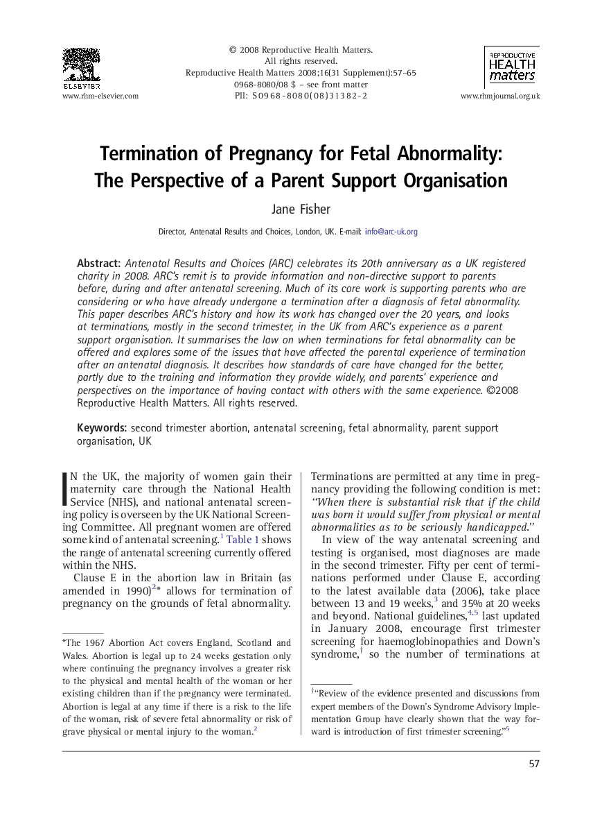 Termination of Pregnancy for Fetal Abnormality: The Perspective of a Parent Support Organisation
