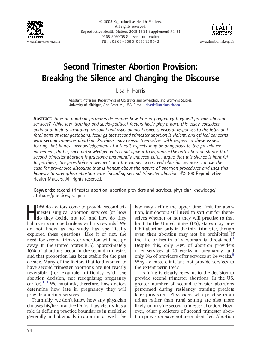 Second Trimester Abortion Provision: Breaking the Silence and Changing the Discourse