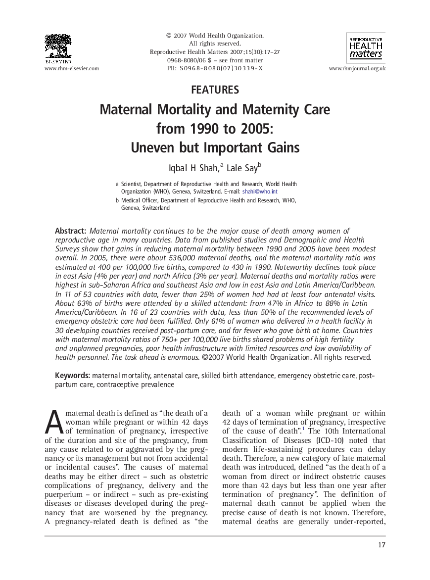 Maternal Mortality and Maternity Care from 1990 to 2005: Uneven but Important Gains