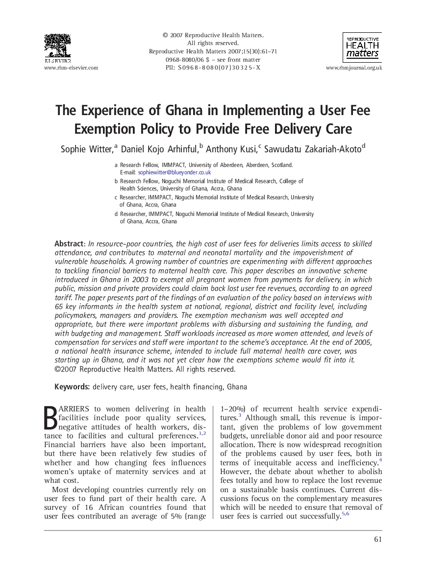 The Experience of Ghana in Implementing a User Fee Exemption Policy to Provide Free Delivery Care