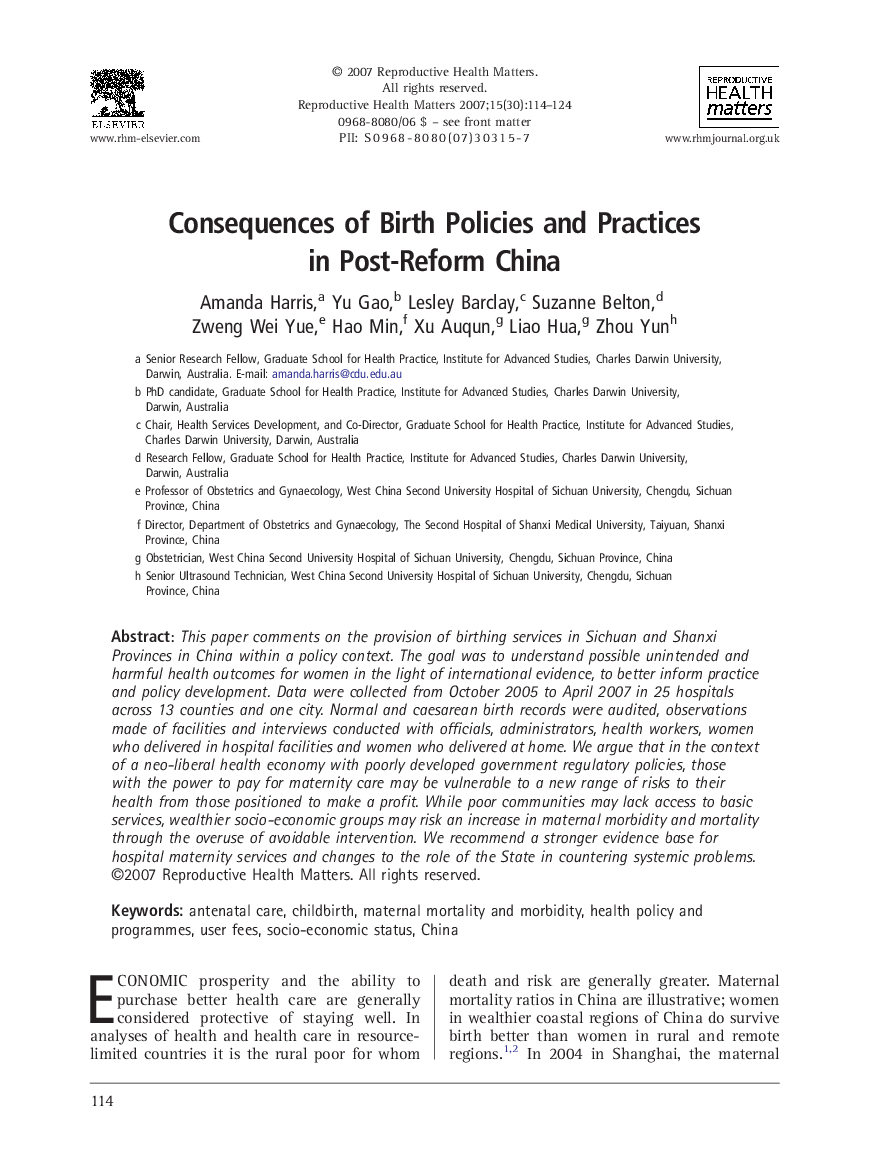 Consequences of Birth Policies and Practices in Post-Reform China