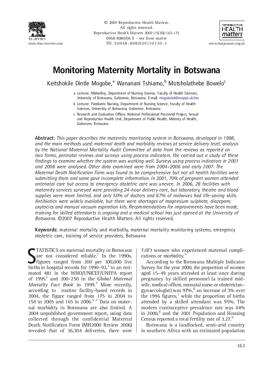 Monitoring Maternity Mortality in Botswana