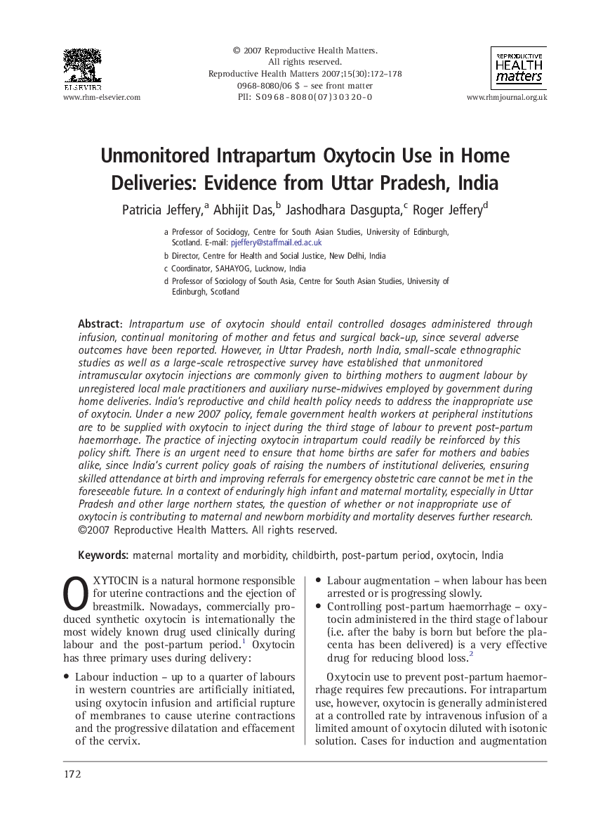 Unmonitored Intrapartum Oxytocin Use in Home Deliveries: Evidence from Uttar Pradesh, India