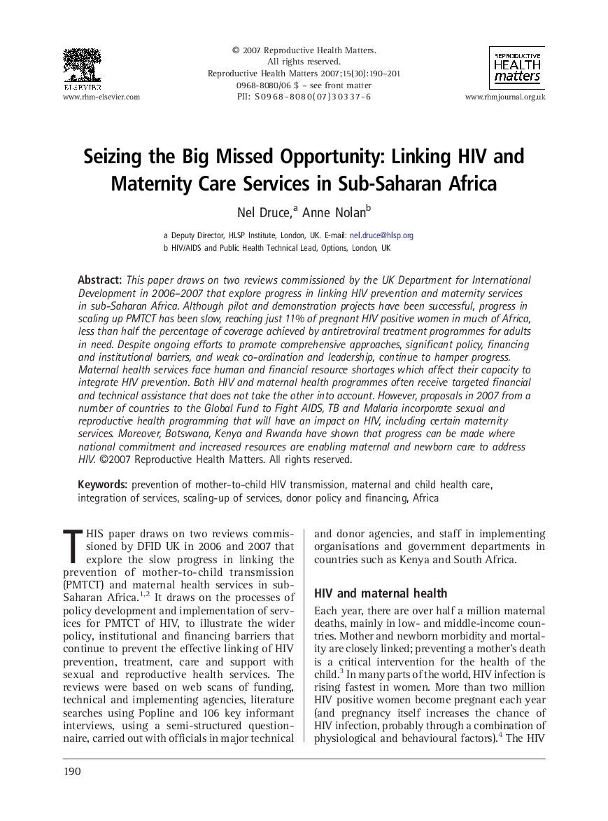 Seizing the Big Missed Opportunity: Linking HIV and Maternity Care Services in Sub-Saharan Africa