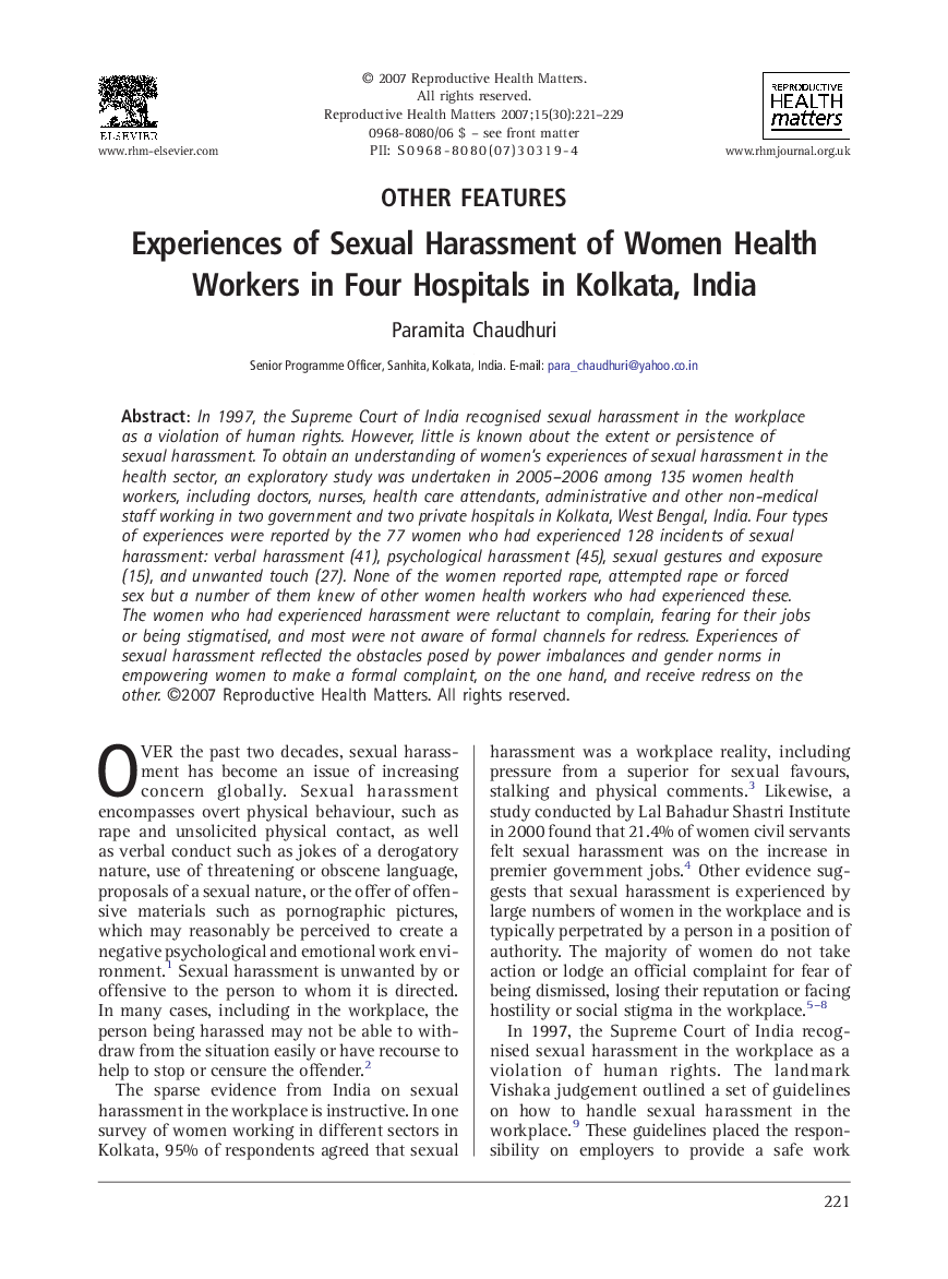 Experiences of Sexual Harassment of Women Health Workers in Four Hospitals in Kolkata, India
