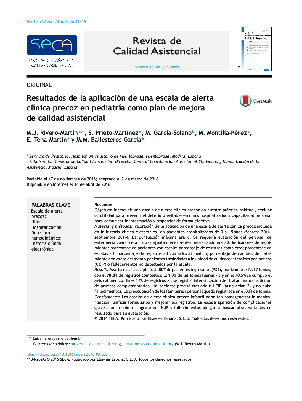 Resultados de la aplicación de una escala de alerta clÃ­nica precoz en pediatrÃ­a como plan de mejora de calidad asistencial