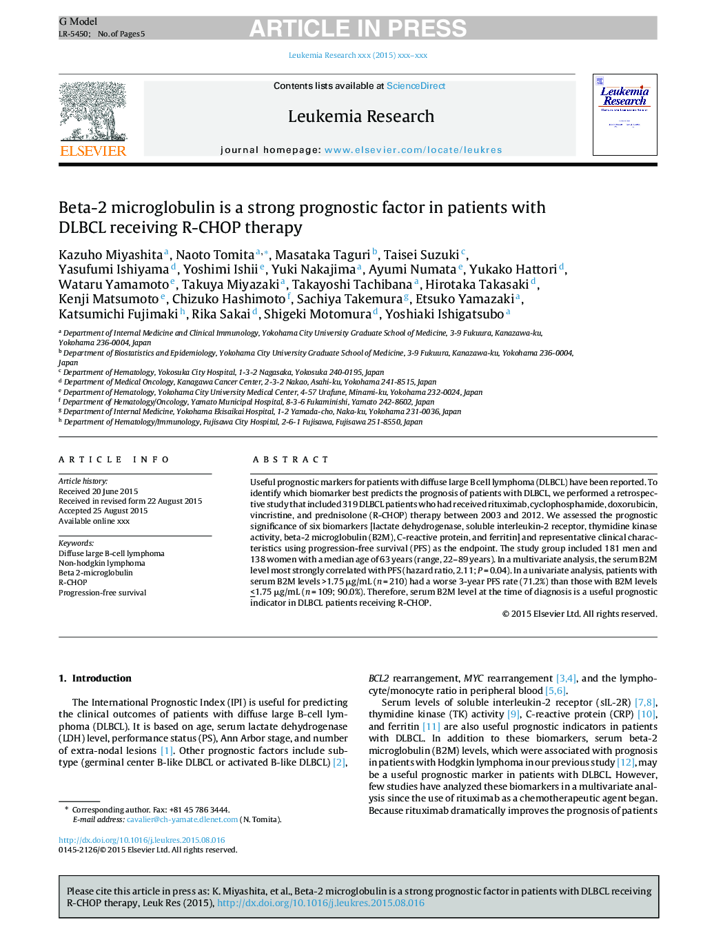 Beta-2 microglobulin is a strong prognostic factor in patients with DLBCL receiving R-CHOP therapy