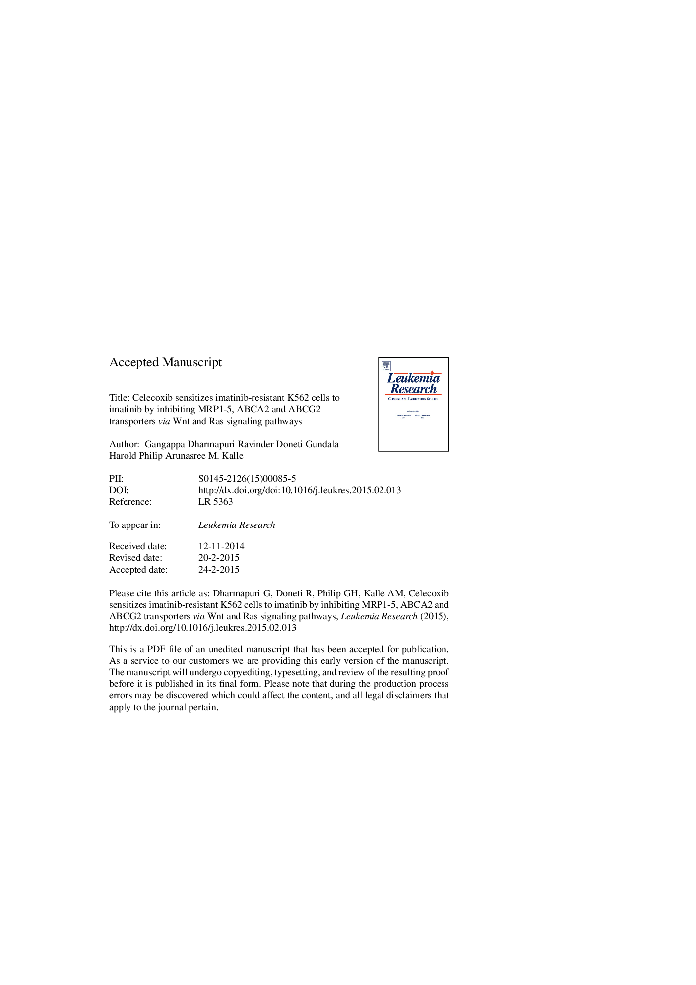 Celecoxib sensitizes imatinib-resistant K562 cells to imatinib by inhibiting MRP1-5, ABCA2 and ABCG2 transporters via Wnt and Ras signaling pathways